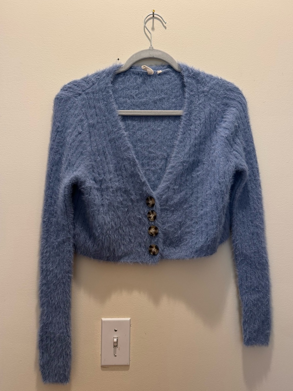 Sky and Sparrow Dusty Blue Fuzzy V-Neck Button Cropped Cardigan